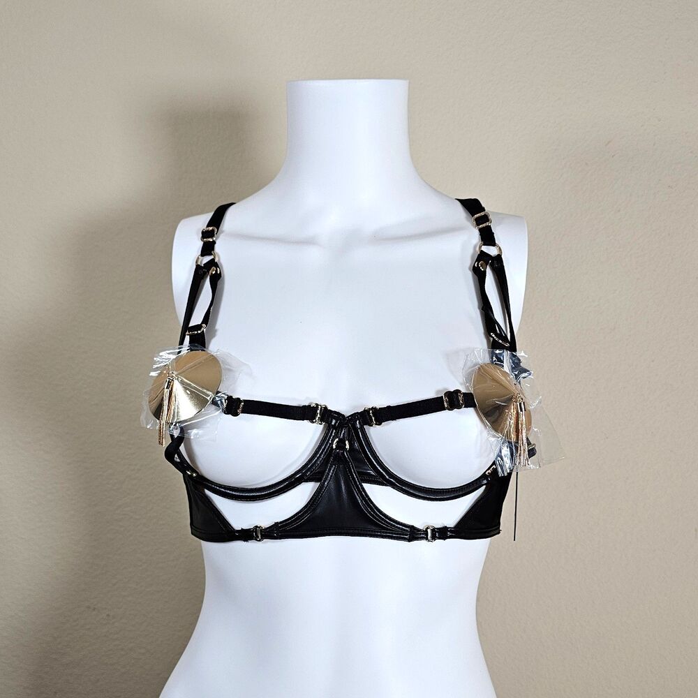 Honey Birdette Kylah Black & Gold Faux Leather Adjustable Open Cup Bra Size 38C
